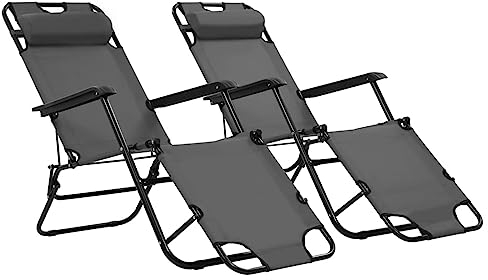 Chaduof Klappbare Sonnenliegen 2 STK. mit Fußablage Grau, Gartenliege, Liegestuhl, Sonnenstuhl, Sonneninsel Outdoor, Liegen, Gartenmöbel, Bäderliege, Relaxliege - 44345