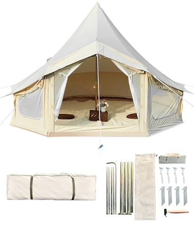 GarveeLife Glockenzelt aus Segeltuch, 4 Jahreszeiten, Jurtenzelt mit 2 Herdwagenheber, 4 Netzreißverschlüssen Fenster, atmungsaktives wasserdichtes Zelt, geeignet für 4-6 Personen, Familien-Camping,