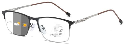 Lanomi Progressive Multifocal Half Frame Reading Glasses Metal Men Women Photochromic Varifocal Sunglasses UV Protection Transition Eyeglasses 1 Pairs Silver Multifocal Glasses 2.5