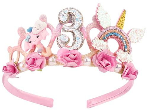SuPoo 3rd Birthday Headband Flower Crown for Girls Princess Tiara Decorations Hair Band Cute 3 Year Old Party Accessory