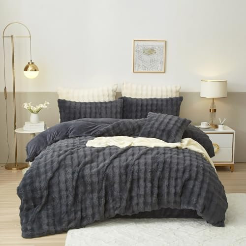 Luowei Winter Plüsch Bettwäsche 135x200 Grau Warm Kuschelige Flauschig Fleece Bettwäsche Luxus Wende Bettbezug mit Reißverschluss und Kissenbezug 80x80cm