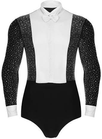 TiaoBug Herren Latein Body Langarm Hemd mit Kragen Glitzer Ballettanzug Stringbody Ballett Trikot Gymnastik Leotard Eiskunstlauf Anzug Standard Kostüm Schwarz M