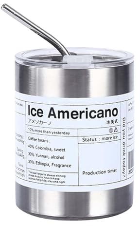 Vriusi Tazza da caffè Americano ghiacciata da 320 ml, in acciaio inox, tazza dritta a doppio strato, bicchiere portatile con coperchio, tazza termica con cannuccia per casa, spiaggia e viaggi