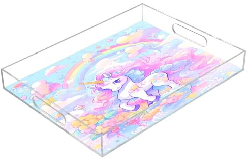 Rainbow Unicorn Acrylic Serving Trays, Clear Rectangular Tray with Handles Serving Platter for Coffee Table Kitchen Bathroom