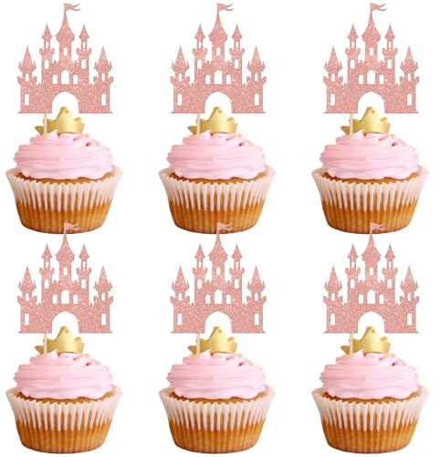 Xsstarmi 24 Pack Castle Theme Cupcake Toppers Glitter Queen Princess Castle Cupcake Picks Queen Princess Birthday Cake Decorations for Baby Shower Wedding Birthday Party Supplies Rose Gold