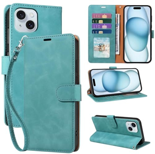 GOTOURED PU Leather Flip Case for iPhone 15 with Wallet (Green) | RFID blocking, 4 ID/credit card slots, detachable wrist strap, adjustable stand, secure magnetic closure, shockproof