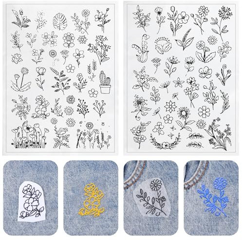 Ouligay 64 Stück Stickvorlagen Wasserlöslich, Stickvlies Vorlagen Wasserlöslich Sticken Vorlagen mit Blumenmustern Selbstklebend Handnähstabilisatoren für Handnähliebhaber Stoffstickerei Stichübungen
