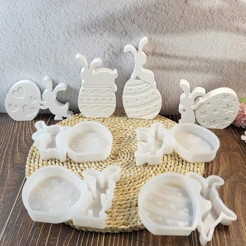ALEFBET Silikonformen Gießformen, Silikonform Ostern Hase, Silikon Gießform Ostern Kaninchen, Gipsformen zum Gießen, Epoxidharz Formen Ostern Dekorationen（Hase und Ostereier 4 Stück）