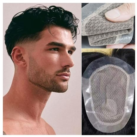 Herren Toupet Herren-Seidenbasis mit eingespritztem rund 100% Echthaar, männliche Haarprothese, atmungsaktiv, handgefertigt, Haarsystem, Herren-Perücke Perücken(13x18CM)