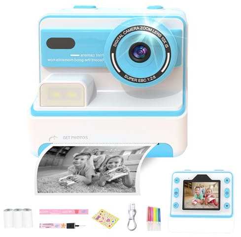 Kids Camera Instant Print, 26MP Front and Rear Camera, 1080P Kids Digital Cameras with 32GB Card and 3 Rolls of Photo Paper, Takes 12000 Photos, for Girls and Boys Ages 3-12 - Blue