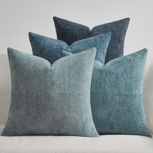 Topfinel Kissenbezug 60x60 Kissenbezüge Blau 4er Set Chenille Kissenhülle Sofakissen Dekokissen Zierkissenhülle Dekokissenbezug Rattan Webstil Design für Sofa Wohnzimmer Schlafzimmer Balkon Kinder