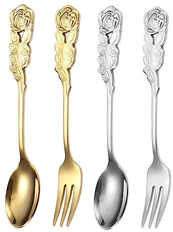 CIYODO 1 Set Spoons and Rose Pattern Forks Mirror Polished for Dessert Tea and Cake Serving Decorative Tableware for Stylish Dining Experience