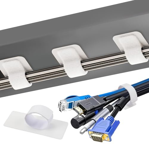 20 Paar Kabelmanagement unter dem Schreibtisch,Kabelklett Klettverschluss für Kabelmanagement,Kabelhalter Selbstklebend,Verstellbarer Langer Kabelbinder,Wiederverwendbarer Kabelclip-Versteck (Weiß)