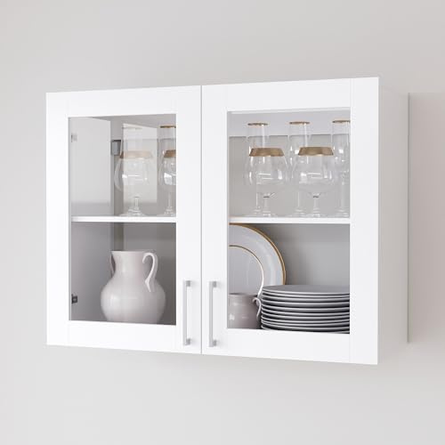 PREMTURE Hängeschrank Weiß mit Glastüren, 80 x 31,5 x 60 cm – Wandschrank mit verstellbarem Einlegeboden, Metallgriffen & 2 Türen aus Sicherheitsglas, Modularer Küchenschrank/Badschrank/Wandschrank