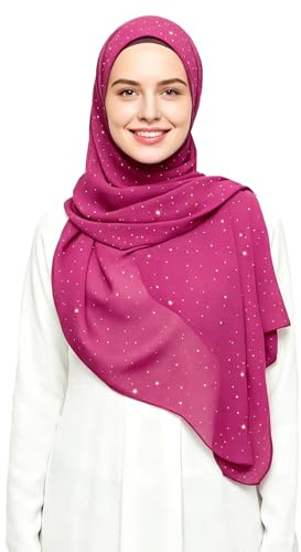 Lina & Lily Hijab Sciarpa Chiffon Donna Musulmana con Brillantini Dorati 72 x 190cm (Rosa Scuro)