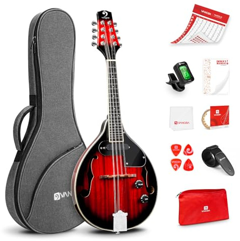 Vangoa Mandolina Eléctrica Acústica de Estilo A Instrumento de Mandolina para Principiantes Caoba Rojo con Bolsa de Concierto, Púas, Correa de Sintonizador de Cuerdas