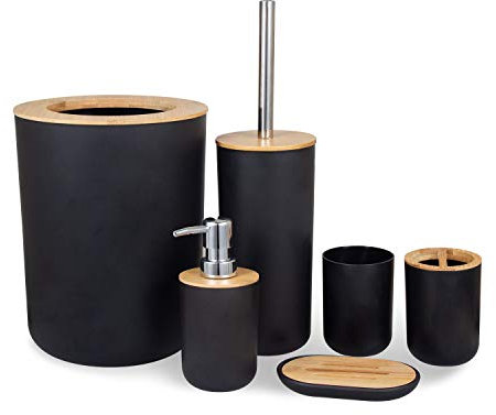 MisFox Juego de 6 Piezas Accesorios de Baño de Bambú con Dispensador de Jabón, Cubo de Basura, Vaso para Cepillo de Dientes, Soporte para Cepillo de Dientes, Jabonera y Escobilla para Inodoro - Negro
