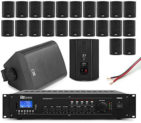 Power Dynamics Complete Background Music System - 12x Weatherproof 5.25 Black Wall Speakers, 360W Multi-Zone Bluetooth Mixer Amplifier & Speaker Cable for Indoor/Outdoor PA Audio