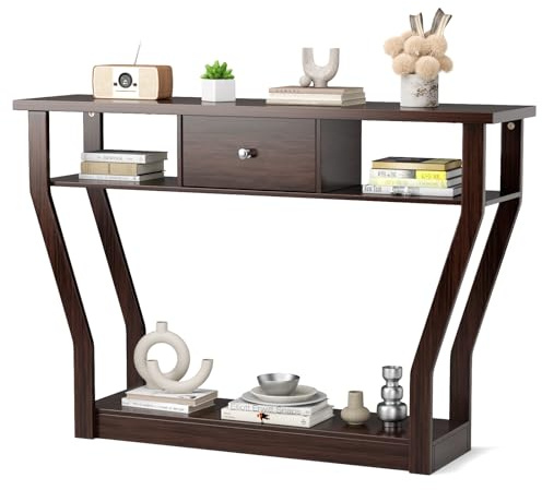 GOPLUS Konsolbord smalt 120 x 30 x 81 cm hallbord med lådor och hyllor, entrébord av trä som kan belastas upp till 30 kg, sidobord för entré vardagsrum sovrum korridor (brun)