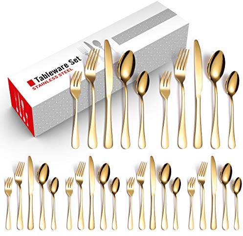 Gold Cutlery Set, Home Safety 30-Piece Spoons Knife and Fork Set, Mirror Polished Cutlery Set for 6 People, Includes Steak Knives, Dinner Forks, Tablespoons, Teaspoon, Dessert Forks,Dishwasher Safe