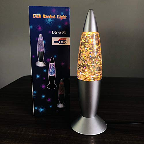 Glitter Lava Lampe LED Vintage Mini 7,28''Nachtlicht Lampe mit USB Warmes Licht Raketenlicht für Kinder Jungen Mädchen Schlafzimmer Geschenk (Pailletten-warmes Licht, USB)