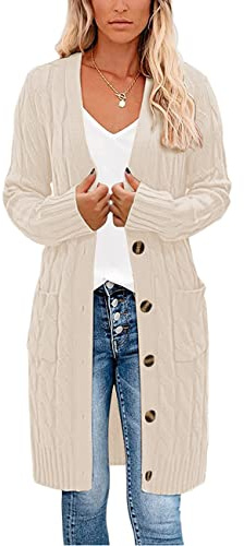 kinstell Women's Long Sleeve Button Top Chunky Aran Cable Knitted Long Length Boyfriend Grandad Cardigan Brown