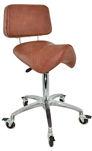 VAKON SALON - Breiter Sattelhocker Hellbraun mit Bremse mit Lehne, Sattelstuhl für Rückenentlastung, Rollhocker höhenverstellbar von 55-75 cm, Praxishocker, Bürohocker, Arbeitshocker