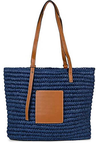 styleBREAKER Korbflecht Schultertasche aus Papierstroh mit Kunstleder Details | Damen Shopper Basttasche geflochten mit Reißverschluss | Strandtasche 43 x 34 x 4 cm, Farbe:Dunkelblau