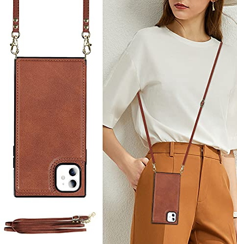 DEFBSC Compatible with iPhone 11 Case, Crossbody Wallet Case, Adjustable Detachable Lanyard Neck Strap with Kickstand Card Holder Premium Leather Protective Back Cover - Brown