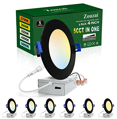 zouzai 4 Inch Black 5CCT Reset Ultra-Thin LED Recessed Ceiling Light with Junction Box, 2700K/3000K/3500K/4000K/5000K Selectable, 9W, Dimmable-ETL and Energy Star Certified【6 Pack 】