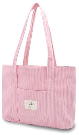 TeeYee Damen Kord Groß Handtasche Tote Bag Shopper mit Reißverschluss für Bücher Reisen Alltag Schule Arbeit Einkauf rosa