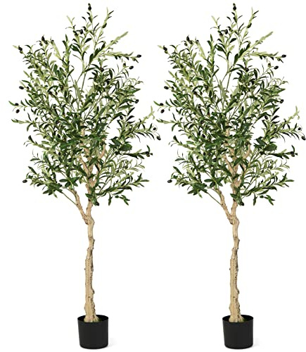 GIANTEX 2er Set künstlicher Olivenbaum im Plastiktöpfen, 182 cm Kunstpflanze mit 1296 Blättern & 72 Früchten, Zimmerpflanzen Seidenbaum Kunstbaum Kunstpflanze Deko Pflanze für Zuhause & Büro (182 cm)