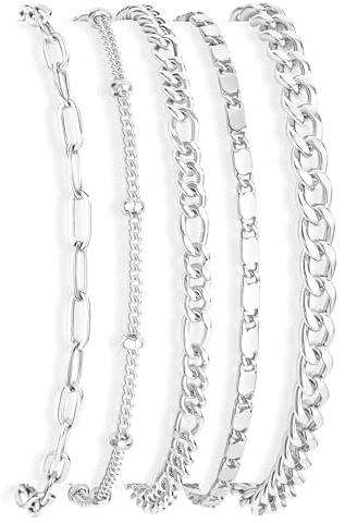 Gokeey Sterling Silver Bracelets for Women Non Tarnish, Stackable Silver Dainty Figaro Paperclip Cuban Link Chain Bracelet Stack Set Pack for Women Trendy Simple Silver Jewelry Gifts