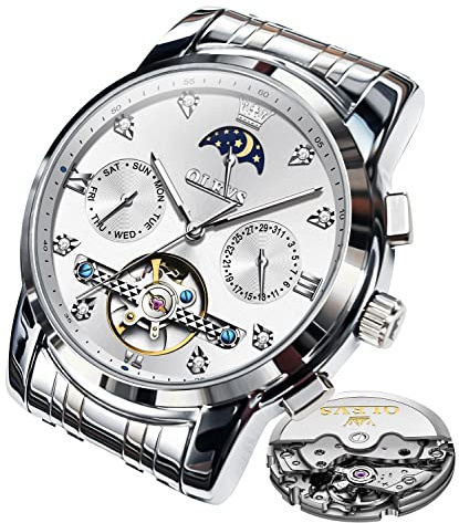 OLEVS Herrenuhren Automatik Mechanische Schwarz Armbanduhr mit Skelettiertem Tourbillon Kalender Wasserdicht Leuchtende Klassische Luxus Armbanduhren für Herren