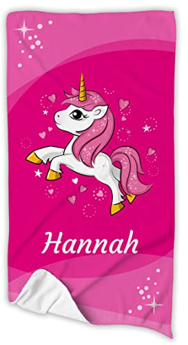 Unikatolo Kinder Badetuch Einhorn personalisiert mit Name Handtuch Strandtuch pink rosa vollflächig Bedruckt Geschenkidee Mädchen Ostern Weihnachten Schulanfang Geburtstag (50 x 100 cm)