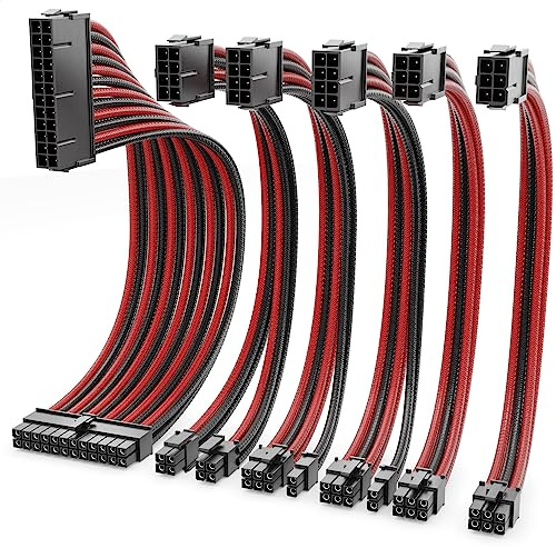 deleyCON Netzteil Kabel Verlängerung Set 30cm 6-teilig - Schwarz Rot | Kurzes 30cm, für Grafikkarte, PC, Mainboard, ATX 24-Pin, EPS 4+4-Pin, PCIe 6+2-Pin & 6-Pin, Stromkabel Stecker auf Buchse