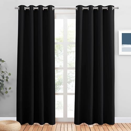 PONY DANCE Blackout Curtains for Bedroom, Black, 2 Panels, 46 x 84 Inch | Eyelet Thermal Insulated 84 Inch Long Curtains for Living Room, Room Darkening, Energy Saving, Privacy, Super Soft Drapes
