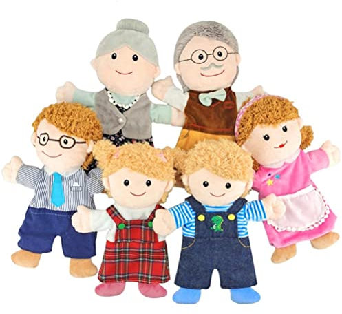 Fantasievolle Handpuppen, 6 Stück, Weiche Plüsch-Fingerpuppen für Familienmitglieder, 30 cm, Geeignet fürund Erwachsene, Waschbarer Stoff, Opa + Oma + Vater +