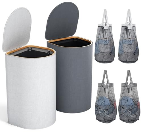 HELLKOPF 2er Pack Wäschekorb mit Deckel 140L Groß Kapazität - Wäschesammler mit 2 Fächer zum Sortieren der Schmutzwäsche, 4 Abnehmbar Innensäcke, Faltbare Laundry Baskets und Einfach zu Montieren