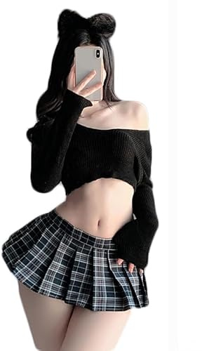 THSCWY Frauen Student Uniform Schulmädchen Dessous Kostüm Plissee Kurzer Rock JK Student Cosplay Pullover Dessous Set