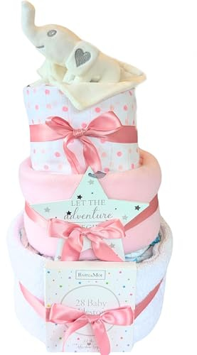 Windeltorten-Set für Neugeborene, 3-stöckig, Elefantenmotiv, rosa Thema für frischgebackene Eltern, Geschenkkorb-Set
