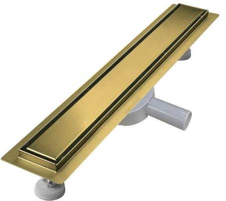 sunrik Canaleta Ducha 40cm, Dorado 2 en 1 Sumidero Ducha con 360° Sifón Dispositivo Desodorante y Filtro de Pelo