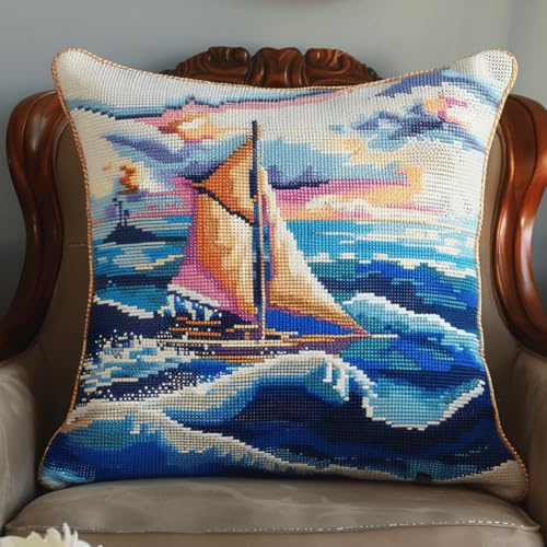 DIY latch hook kits Sailing boat on sea latch hook cushion kits Sea scenery Latch Hook Cushion Kit，DIY Pillow Cover Making Craft Printed Canvas for Beginners Embroidery Crafting Pillow 43x43cm