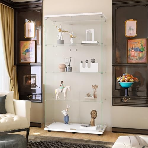 Vitrina de cristal, 4 estantes, armario de almacenamiento de cristal con pie, doble puerta, vitrina para colección, vitrina con cerradura, para dormitorio y sala de estar, 80 x 36 x 163 cm (doble