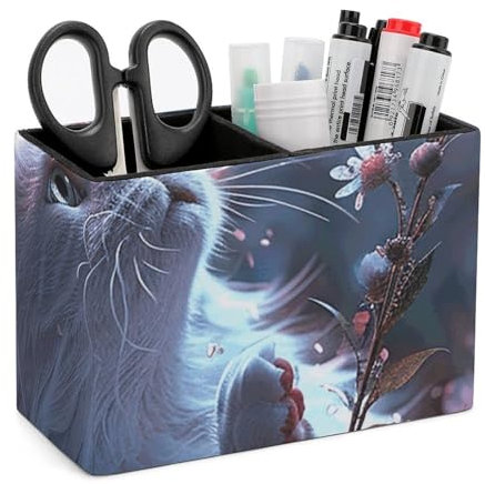 NTVOWPZO Stiftehalter aus PU-Leder für den Schreibtisch, ästhetischer Stiftebecher für Schreibtisch, Make-up-Pinsel, Schlamm für Bürobedarf, weiße Katze in Blumen, Stiftebecher für Büro, Zuhause,