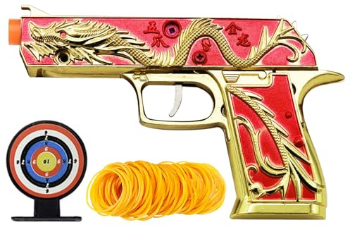 Golden Dragon Rubber Band Gun Toy Classic Upgraded Design Foldable Storage Comes with Rubber Band and Target (Red)