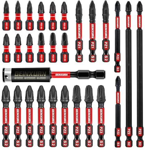 GEINXURN 28 Pièces Pozidriv Embouts de Vissage aux Chocs PZ1 PZ2 PZ3 de 25/50/75/150mm, Jeu d'embouts Magnétique pour Visseuse Tournevis Tige Hexagonale 1/4 S2 en Acier Allié avec 1 Porte-embout 75mm
