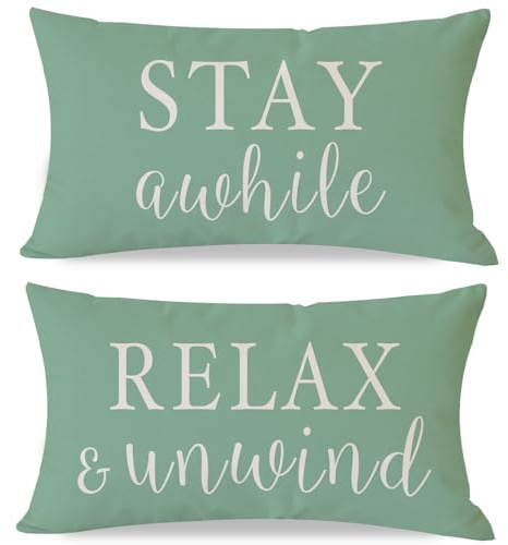 PANDICORN Decorative Throw Pillow Covers 12x20 Inch Set of 2 Stay Awhile Relax & Unwind Sage Green Outdoor Farmhouse Spring Summer Porch Patio Decorations Lumbar Cushion Cases for Sofa Couch Decor
