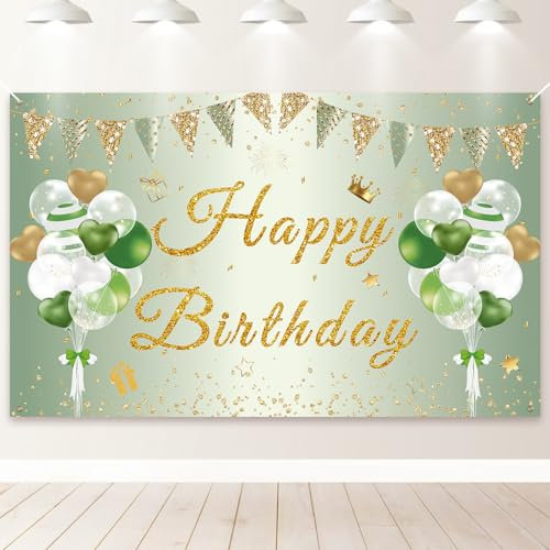 PartyYaa Decorazioni per striscioni di buon compleanno, sfondo di compleanno, extra large, per feste, cabina fotografica, sfondo decorativo, poster per interni ed esterni (oro verde)