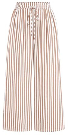 PRETTYGARDEN Womens Pants Elastic Waist Floral Lightweight Palazzo Pants for Women Casual Lounge Wide Leg Pants Woman (Stripe Khaki, Large)